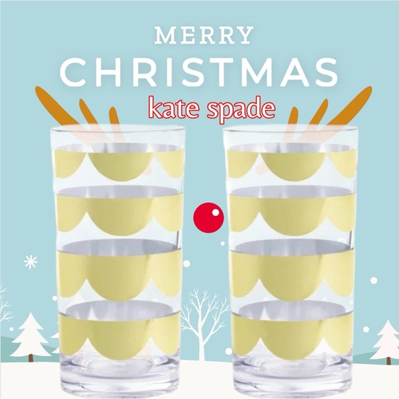 KATE SPADE SET OF 2 HIGHBALL GLASSES WITH GOLD SCALLOPS. - Picture 4 of 4